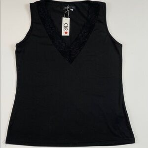 CBR Black Sleeveless V Neck Lace Trim Top Women’s Sz  L/M